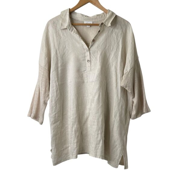 J Jill Love Linen Tunic Top XL Beige Popover 1/2 Button Relaxed Coastal Beachy - Picture 1 of 11